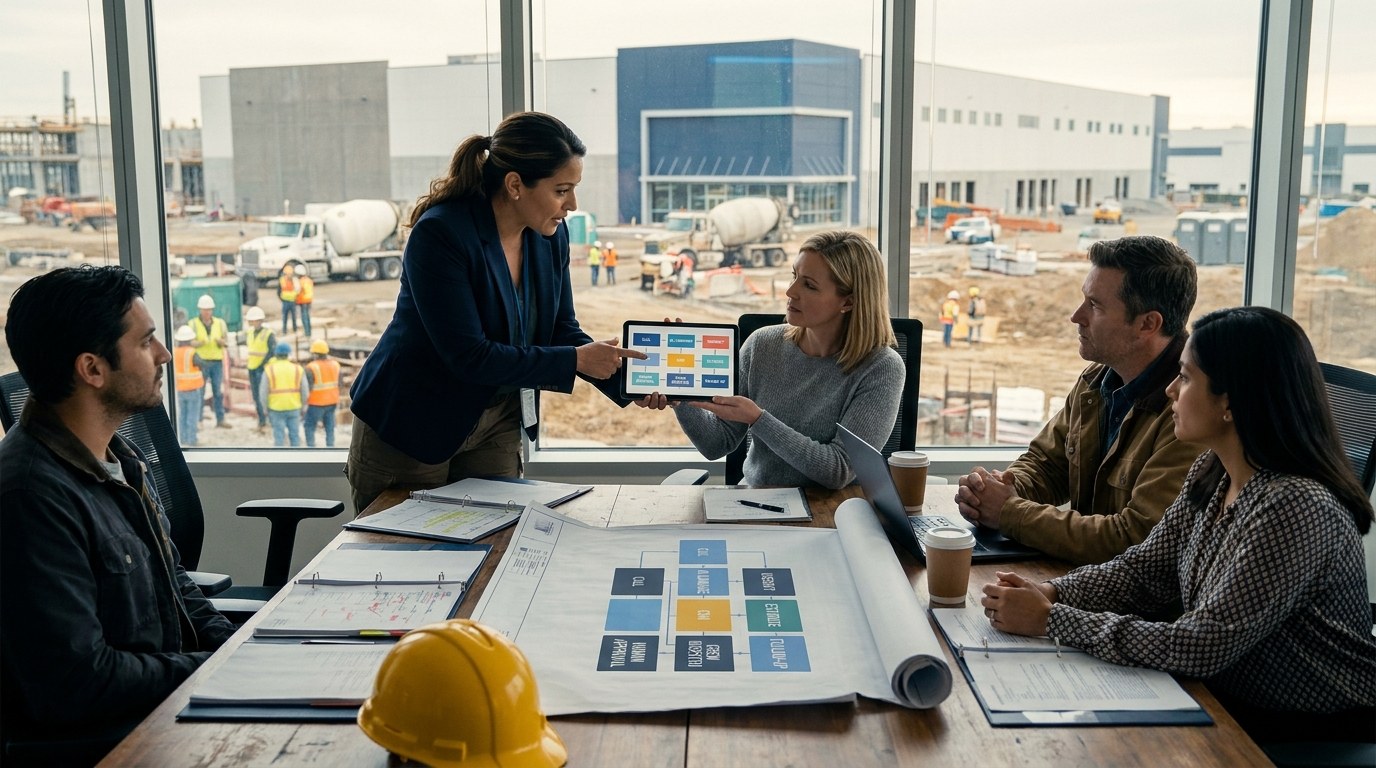 Mixed Anglo and Hispanic owner-operators reviewing an AI workflow in a command room overlooking modern construction, data-center, concrete, and service operations.